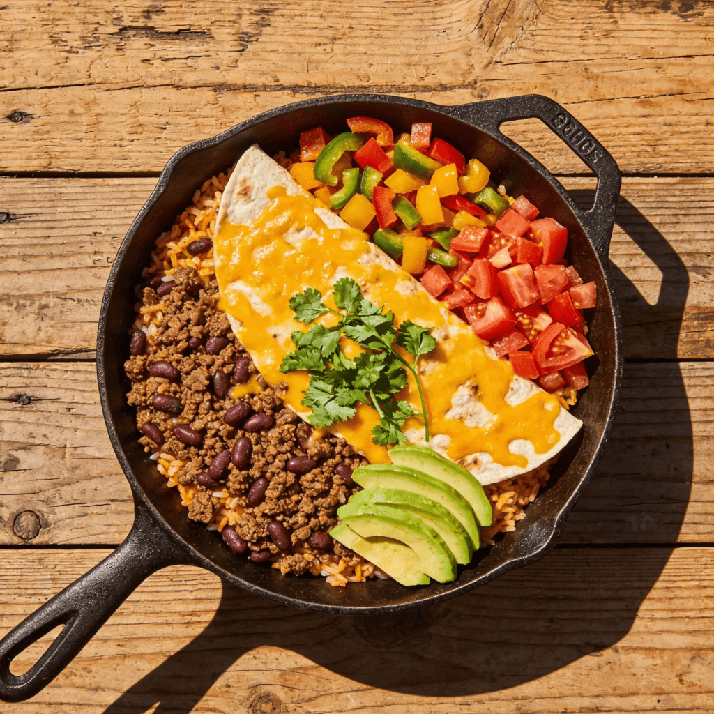 Top view of beef burrito skillet with rice beans cheese avocado and vegetables in a pan