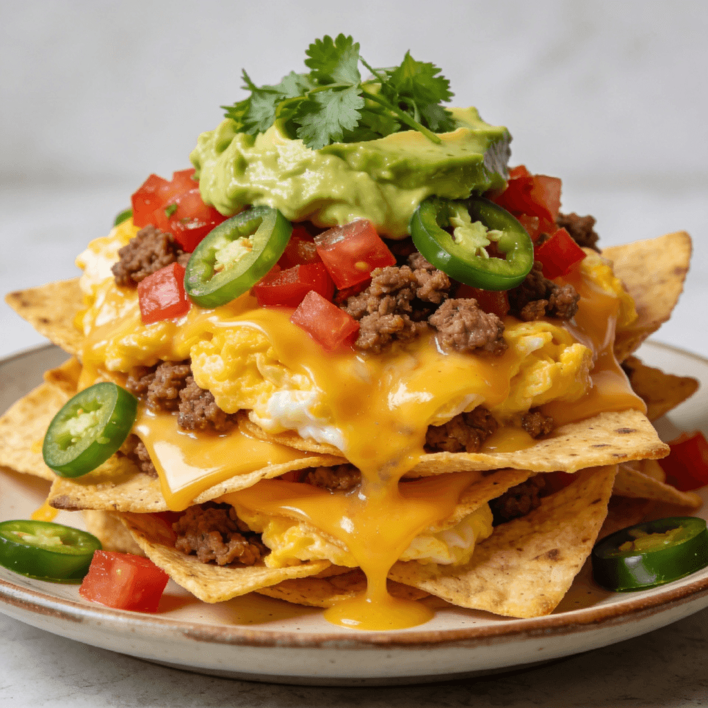 High-protein breakfast nachos with eggs cheese avocado and jalapenos on tortilla chips