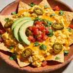 Top view of breakfast nachos with eggs cheese avocado tomatoes and jalapenos on a plate
