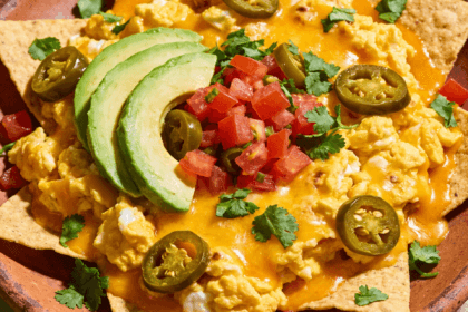 Top view of breakfast nachos with eggs cheese avocado tomatoes and jalapenos on a plate