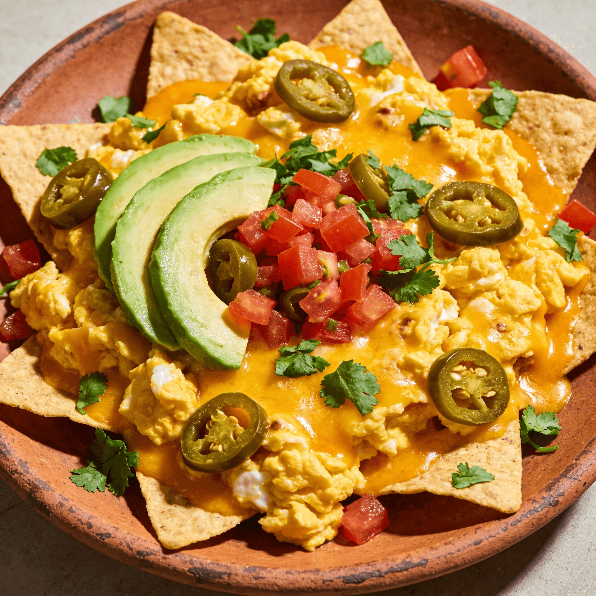 Top view of breakfast nachos with eggs cheese avocado tomatoes and jalapenos on a plate