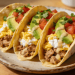 High-protein breakfast tacos with egg whites and turkey topped with avocado, tomatoes, and cilantro