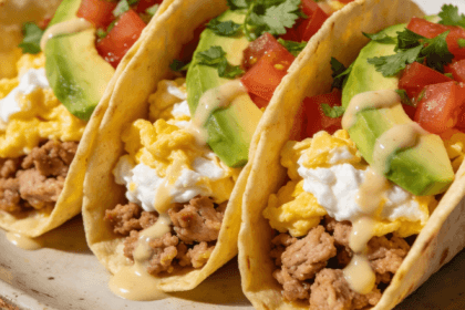 High-protein breakfast tacos with egg whites and turkey topped with avocado, tomatoes, and cilantro