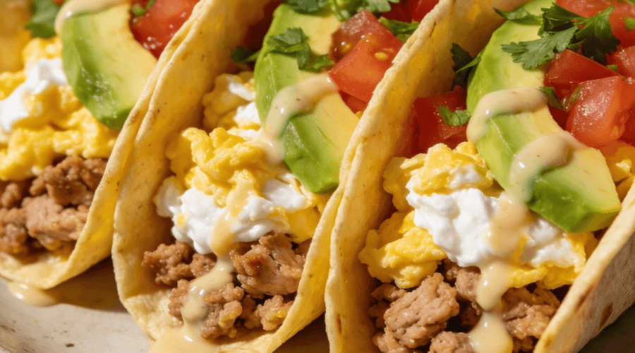 High-protein breakfast tacos with egg whites and turkey topped with avocado, tomatoes, and cilantro