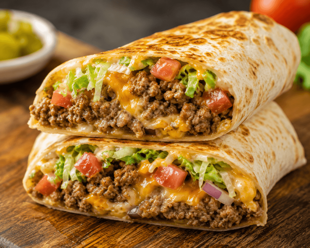 High-Protein Cheeseburger Wrap with seasoned ground beef, melted cheese, lettuce, tomatoes, onions, and toasted tortilla cut in half on a wooden board.
