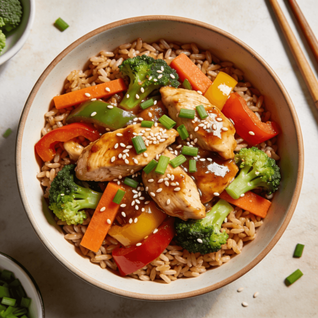 Top view of chicken stir fry with brown rice vegetables sesame seeds and green onions