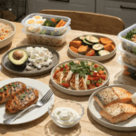 Healthy high protein meal spread with grilled chicken, salmon, boiled eggs, quinoa bowls, roasted vegetables, avocado, Greek yogurt, and meal prep containers on a rustic kitchen table.