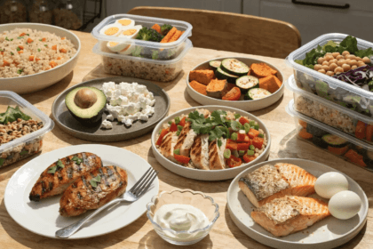 Healthy high protein meal spread with grilled chicken, salmon, boiled eggs, quinoa bowls, roasted vegetables, avocado, Greek yogurt, and meal prep containers on a rustic kitchen table.