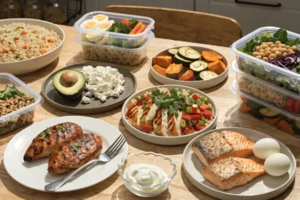 Healthy high protein meal spread with grilled chicken, salmon, boiled eggs, quinoa bowls, roasted vegetables, avocado, Greek yogurt, and meal prep containers on a rustic kitchen table.