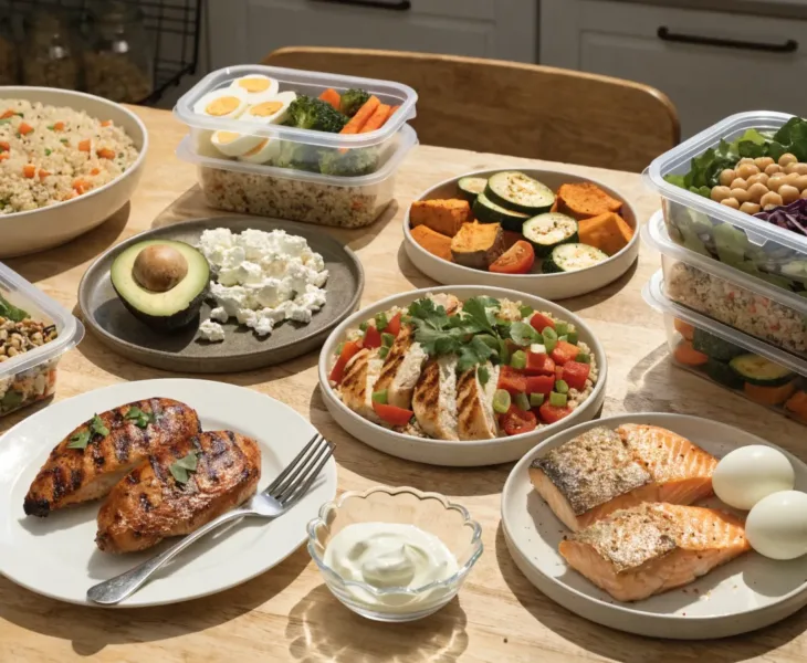 Healthy high protein meal spread with grilled chicken, salmon, boiled eggs, quinoa bowls, roasted vegetables, avocado, Greek yogurt, and meal prep containers on a rustic kitchen table.