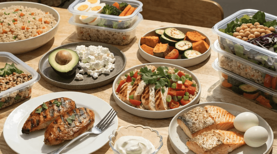 Healthy high protein meal spread with grilled chicken, salmon, boiled eggs, quinoa bowls, roasted vegetables, avocado, Greek yogurt, and meal prep containers on a rustic kitchen table.