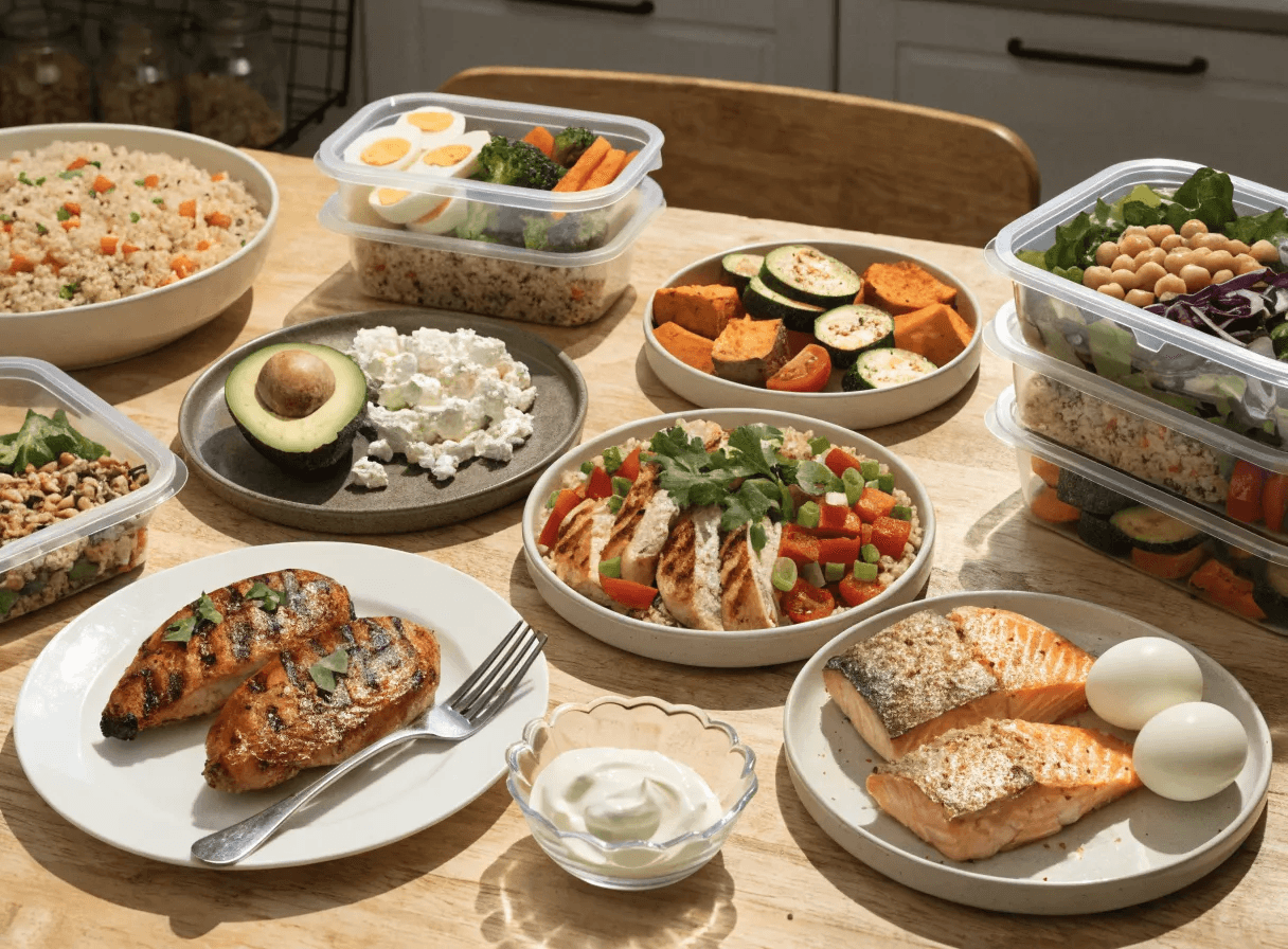 Healthy high protein meal spread with grilled chicken, salmon, boiled eggs, quinoa bowls, roasted vegetables, avocado, Greek yogurt, and meal prep containers on a rustic kitchen table.