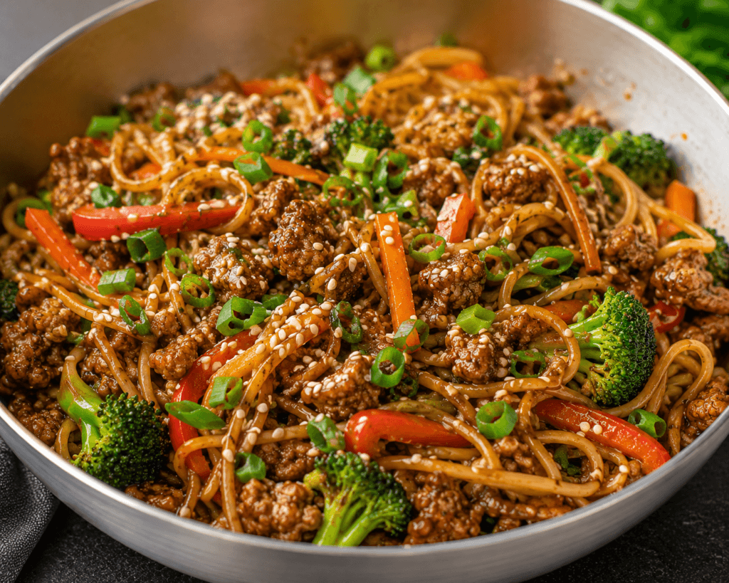 High Protein Mongolian Noodles with lean ground meat, noodles, broccoli, bell peppers, carrots, sesame seeds, and green onions in a savory one-pan dinner skillet.