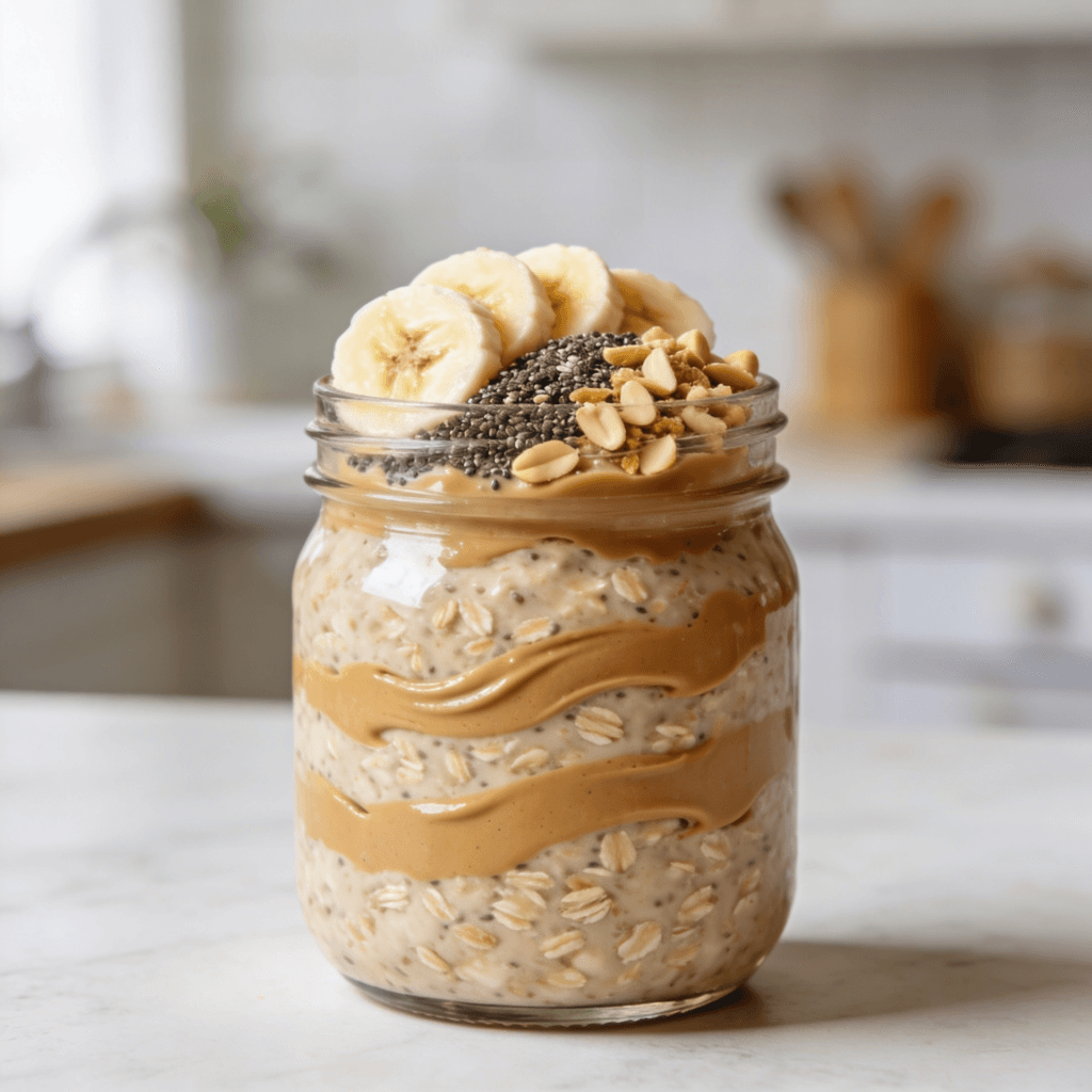 High-protein peanut butter overnight oats in a glass jar topped with banana slices, chia seeds, and creamy peanut butter
