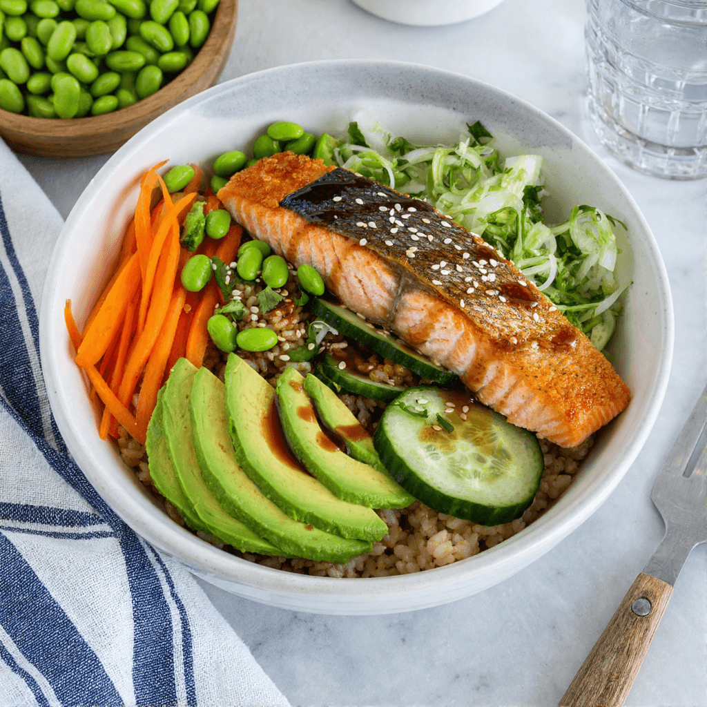 High-protein salmon rice bowl with crispy skin salmon avocado cucumber and vegetables