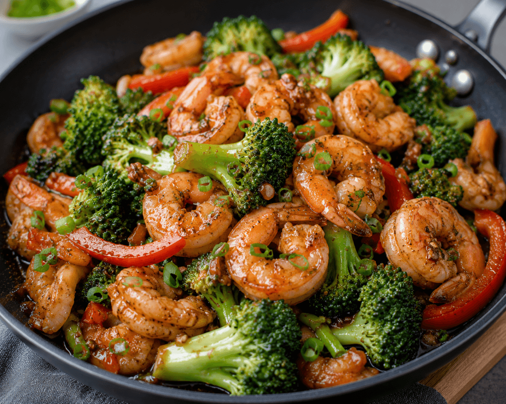High-Protein Shrimp and Broccoli Stir Fry with juicy shrimp, broccoli florets, red bell peppers, savory stir-fry sauce, and green onions in a skillet.