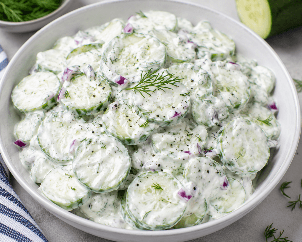 High Protein Tzatziki Cucumber Salad with crisp cucumber slices, creamy Greek yogurt dressing, fresh dill, and red onion in a refreshing meal prep bowl.