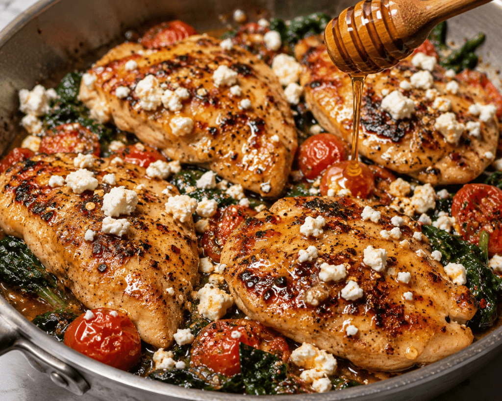 Hot Honey Feta Chicken in a skillet with golden seared chicken breasts, crumbled feta cheese, cherry tomatoes, wilted greens, and sweet spicy honey drizzle for an easy one-pan high-protein dinner.