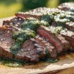 Close-up of sliced garlic butter grilled tri-tip topped with fresh chimichurri sauce and visible juicy steak interior.