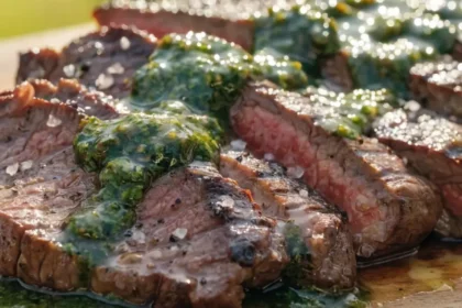 Close-up of sliced garlic butter grilled tri-tip topped with fresh chimichurri sauce and visible juicy steak interior.