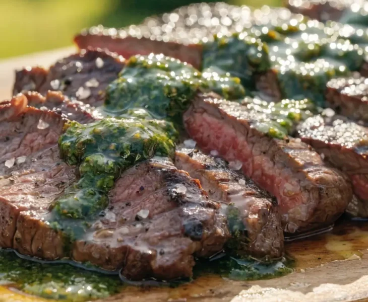 Close-up of sliced garlic butter grilled tri-tip topped with fresh chimichurri sauce and visible juicy steak interior.