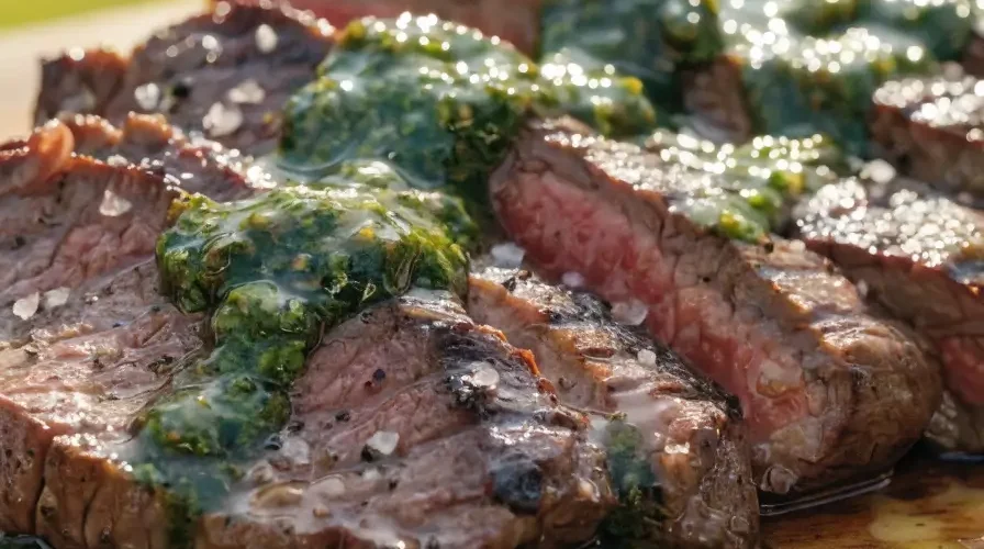 Close-up of sliced garlic butter grilled tri-tip topped with fresh chimichurri sauce and visible juicy steak interior.