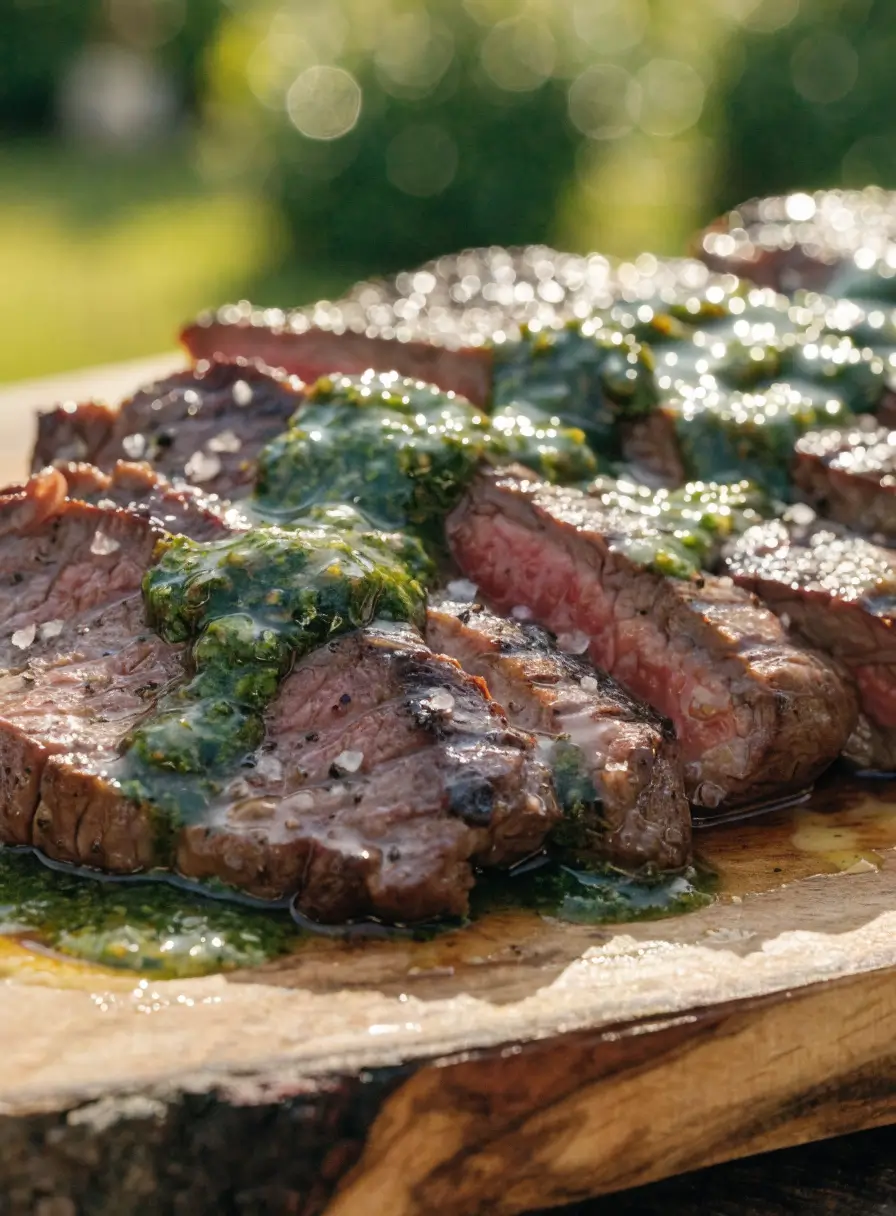 Close-up of sliced garlic butter grilled tri-tip topped with fresh chimichurri sauce and visible juicy steak interior.