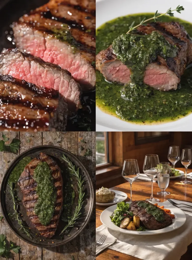 Collage featuring multiple views of garlic butter grilled tri-tip with chimichurri including close-up, plated, overhead, and table presentation shots.