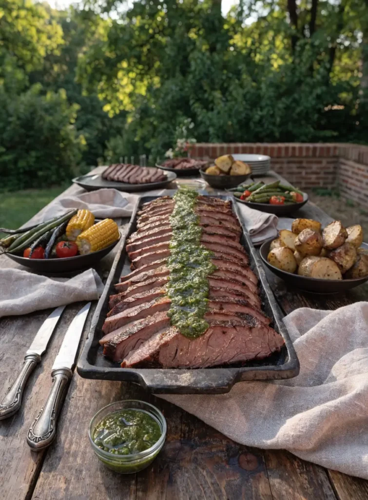 Garlic butter grilled tri-tip with chimichurri presented as the centerpiece of a rustic BBQ dinner table.