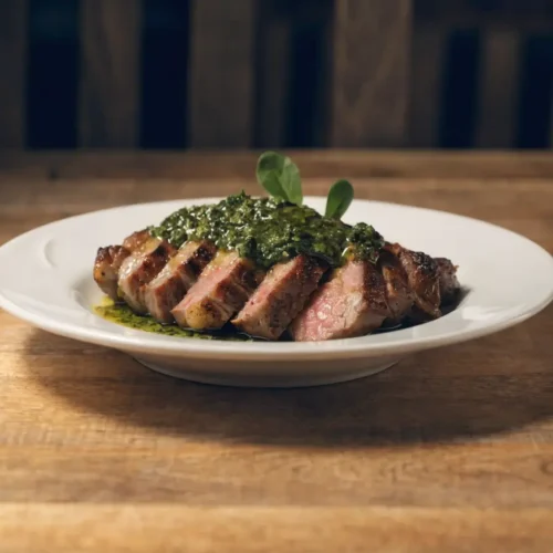 Front-view plated garlic butter grilled tri-tip with chimichurri sauce served on a white dinner plate.