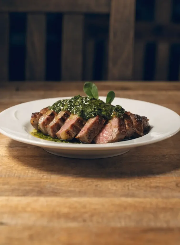 Front-view plated garlic butter grilled tri-tip with chimichurri sauce served on a white dinner plate.