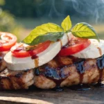 Close-up of grilled chicken breast topped with mozzarella, tomato slices, basil leaves, and balsamic BBQ glaze.