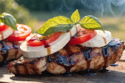 Close-up of grilled chicken breast topped with mozzarella, tomato slices, basil leaves, and balsamic BBQ glaze.