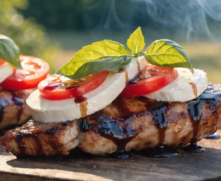 Close-up of grilled chicken breast topped with mozzarella, tomato slices, basil leaves, and balsamic BBQ glaze.