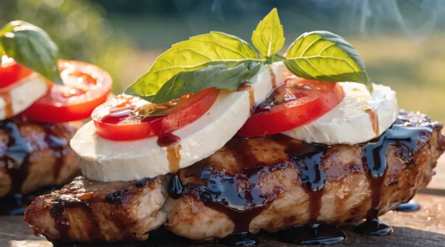 Close-up of grilled chicken breast topped with mozzarella, tomato slices, basil leaves, and balsamic BBQ glaze.