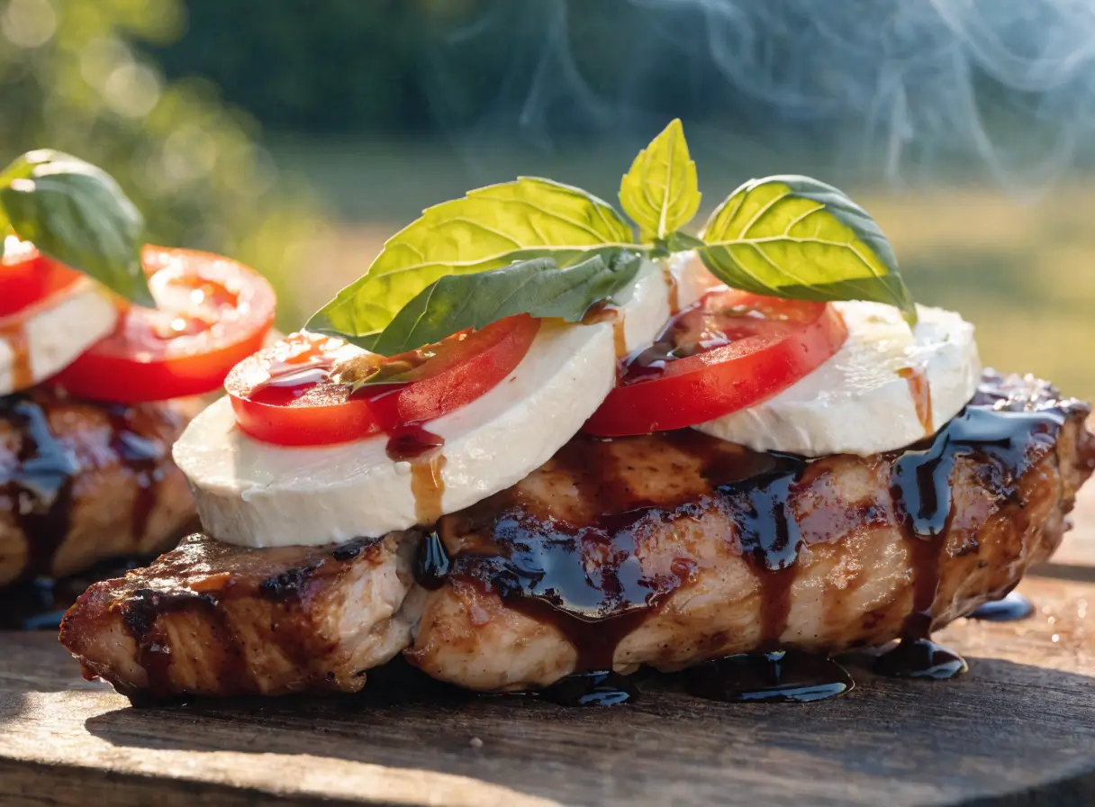 Close-up of grilled chicken breast topped with mozzarella, tomato slices, basil leaves, and balsamic BBQ glaze.