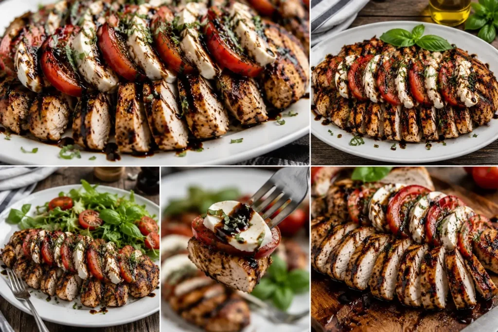 Collage featuring multiple views of grilled chicken Caprese with mozzarella, tomatoes, basil, and balsamic BBQ drizzle.