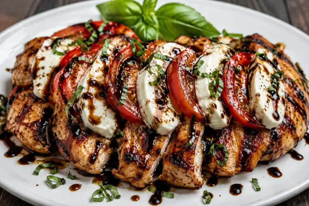 Front-view plated juicy grilled chicken Caprese topped with fresh mozzarella, ripe tomatoes, basil, and balsamic BBQ drizzle on a white serving plate.