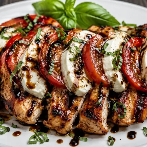 Front-view plated juicy grilled chicken Caprese topped with fresh mozzarella, ripe tomatoes, basil, and balsamic BBQ drizzle on a white serving plate.