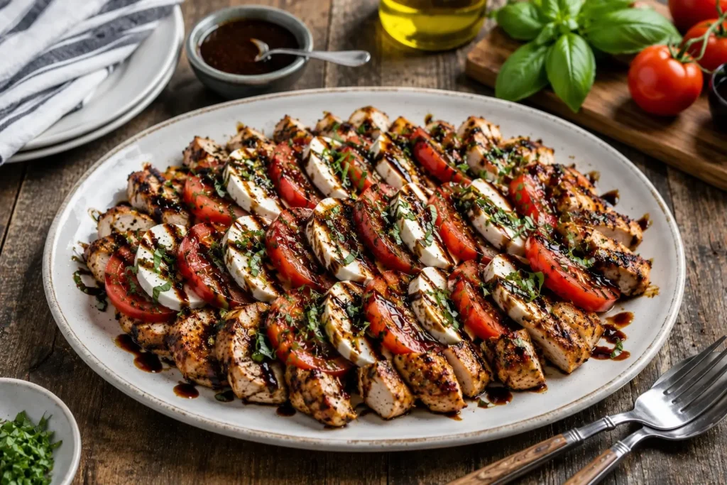 Zoomed-out view of grilled chicken Caprese with mozzarella, tomatoes, basil, and balsamic BBQ sauce served on a rustic dining table.