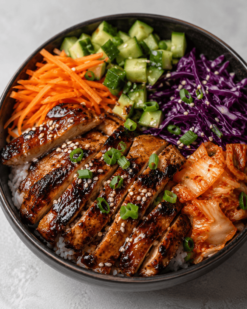 Korean BBQ Chicken Bowl with glazed sliced chicken over rice, topped with sesame seeds and green onions, served with kimchi, shredded carrots, cucumber, and purple cabbage in a high-protein meal prep bowl.