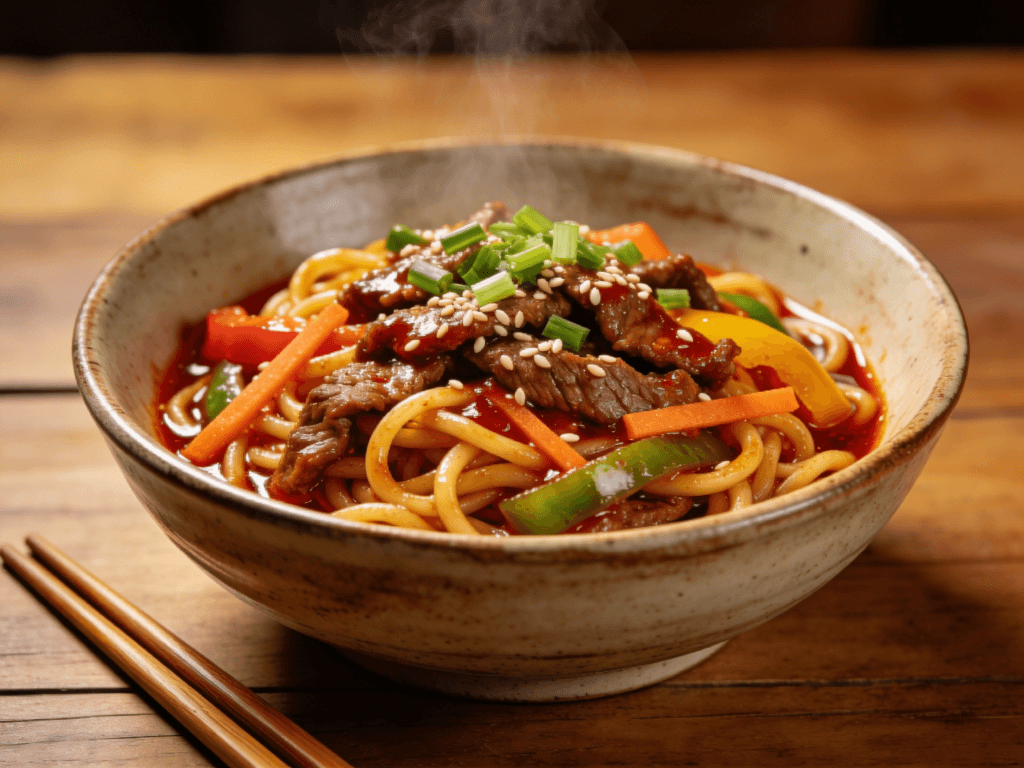 Korean beef noodle stir fry with sesame seeds, vegetables, and savory gochujang sauce in a rustic bowl