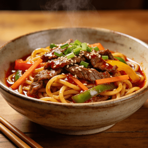Korean beef noodle stir fry with sesame seeds, vegetables, and savory gochujang sauce in a rustic bowl
