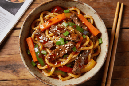 Top view of Korean beef noodle stir fry with vegetables and sesame garnish in savory sauce