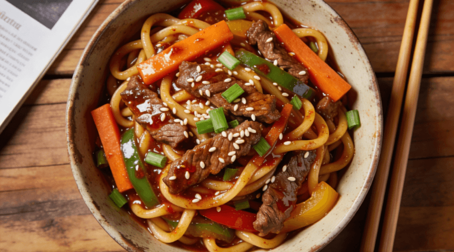 Top view of Korean beef noodle stir fry with vegetables and sesame garnish in savory sauce