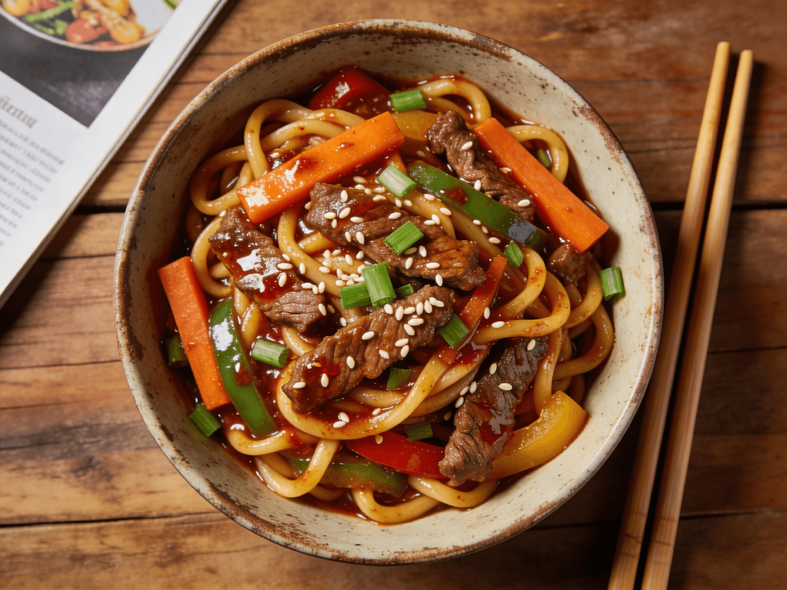 Top view of Korean beef noodle stir fry with vegetables and sesame garnish in savory sauce