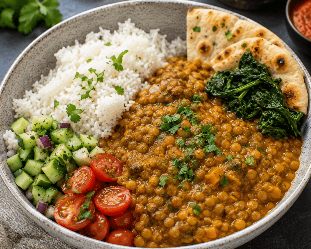 Lentil curry bowl with protein-rich lentils, rice, fresh vegetables, greens, and naan in a hearty vegan meal prep dinner bowl.