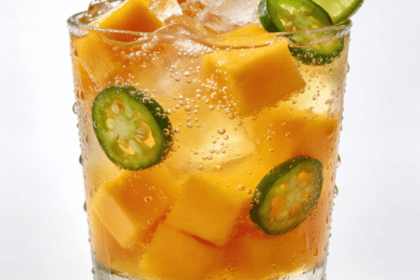 Close-up front view of a mango jalapeño sparkling cooler with fresh mango cubes, jalapeño slices, crushed ice, and sparkling bubbles in a chilled glass.