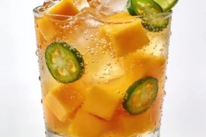 Close-up front view of a mango jalapeño sparkling cooler with fresh mango cubes, jalapeño slices, crushed ice, and sparkling bubbles in a chilled glass.