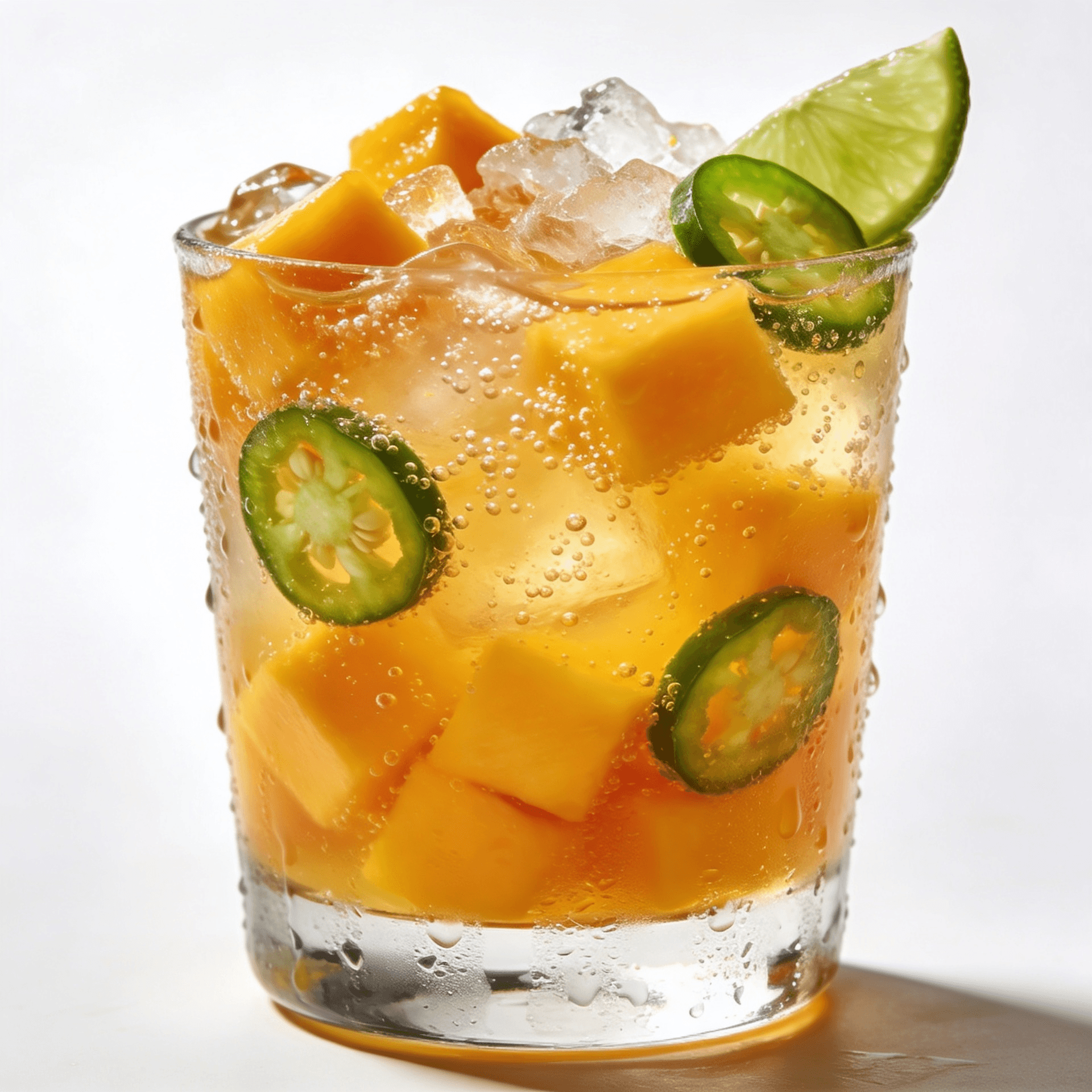 Close-up front view of a mango jalapeño sparkling cooler with fresh mango cubes, jalapeño slices, crushed ice, and sparkling bubbles in a chilled glass.